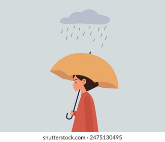 Female character holding umbrella and walking under rain.Side view. Vector illustration cartoon flat style