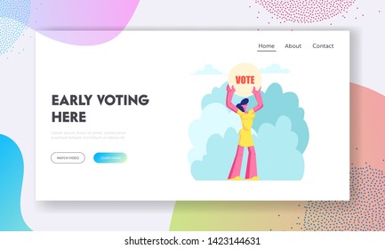 Female Character Holding Vote Banner in Hands, Law-abiding Citizen Execute Rights and Duties in Political Life of Country Website Landing Page, Web Page. Cartoon Flat Vector Illustration, Banner