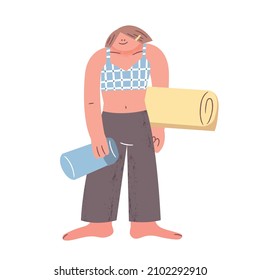 Female character holding a yoga mat and preparing for exercise