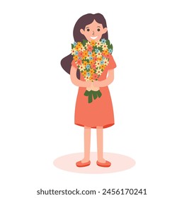 A female character holds a flower arrangement in her hands. Vector flat cartoon character isolated happy woman with bouquet. Holiday or birthday, romantic anniversary gift, love and tenderness