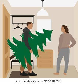 A female character in home clothes stands in the hallway and looks at a male character with a Christmas tree in his hands