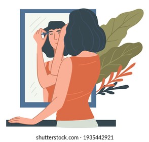 Female character at home tweezing and epilating eyebrows. Woman caring for look and style. Lady with tweezers making shape and form of brows. Femininity and spa procedures. Vector in flat style