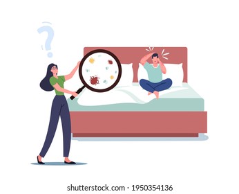 Female Character With Huge Magnifier Looking On Bed Bugs Living In Linen. Man With Red Spots On Skin Sitting On Bed. People Suffer Of Insects Attack In Hotel Or Home. Cartoon Vector Illustration