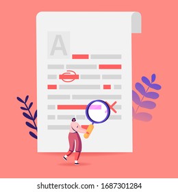 Female Character with Huge Magnifying Glass Edit and Correct Mistakes in Paper Test in School or College. Teacher or Student Fix Grammar and Punctuation Underlined Errors. Cartoon Vector Illustration