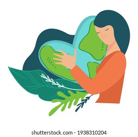 Female character hugging heart shaped earth planet with oceans and lands. Woman caring for environment and ecology, decorative foliage and lush leaves protection conservation. Vector in flat style