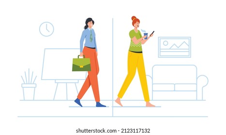 Female Character Hybrid Work, Woman at Separated Area Office and Home Interior Wear Formal Suit and Domestic Clothes. Distant Working from Home, Flexibility Concept. Cartoon People Vector Illustration