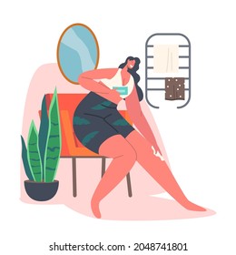 Female Character Hygiene Procedures. Young Woman Depilate Legs with Wax or Moisturizing with Cream. Girl Beauty and Skin Care, Daily Routine, Depilation. Cartoon People Vector Illustration