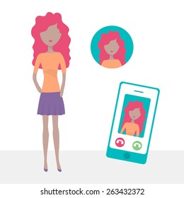 Female character icon in flat design style. Internet communication via smart phone. Vector illustration.