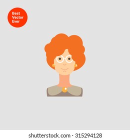 Female character icon, portrait of adult woman with curly red hair wearing glasses