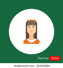 Female character icon, portrait of teenage girl with long hair, fringe and bow on head