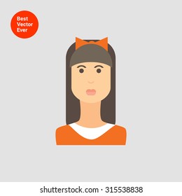 Female character icon, portrait of teenage girl with long hair, fringe and bow on head