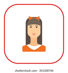 Female character icon, portrait of teenage girl with long hair, fringe and bow on head