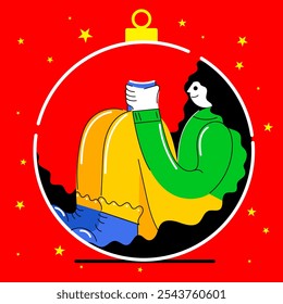 Female character inside Christmas ornament, sitting with hot drink. Festive spirit of holiday season. Creative colorful illustration. Winter season, Christmas and New Year, warmth and coziness concept