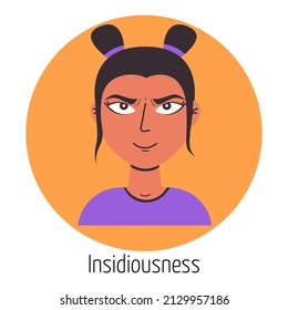 Female character with a insidious face. Facial expression. Young woman feeling. Beautiful woman portrait. Woman avatar, emoji