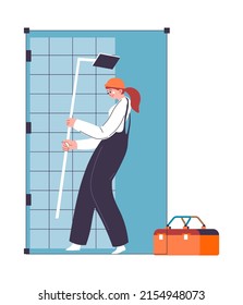Female character installing tropical shower at home, do it yourself. Professional plumber specialist caring for renovation in bathroom. Woman with tools and instruments working. Vector in flat style