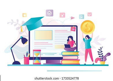 Female character investing money in education. Student sitting with laptop and upgrade skills. Investment in knowledge concept. Learning student. Educative credit scholarship.Flat vector illustration
