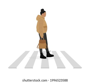 Female character in a jacket and with a backpack in hand walks along a pedestrian crossing on a white background