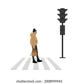 Caracter femenino en una chaqueta y con una mochila en la mano camina a lo largo de un paso peatonal sobre un fondo blanco