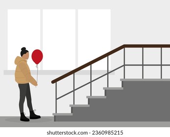 Female character in a jacket and with a balloon in her hand goes to the stairs