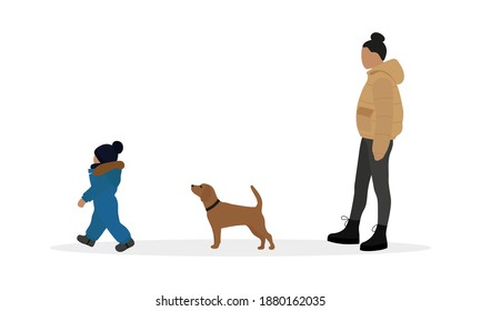 Female character in a jacket, a child in a warm overalls and a dog are walking on a white background