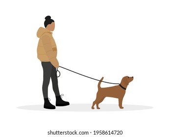 Female character in a jacket and with a dog on a leash on a white background