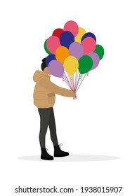 Female character in jacket holding a bunch of balloons on a white background