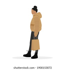 
Female character in a jacket and with a paper bag in hand on a white background