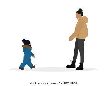 Caracter femenino en una chaqueta y un niño pequeño en los overoles están caminando unos hacia otros sobre un fondo blanco
