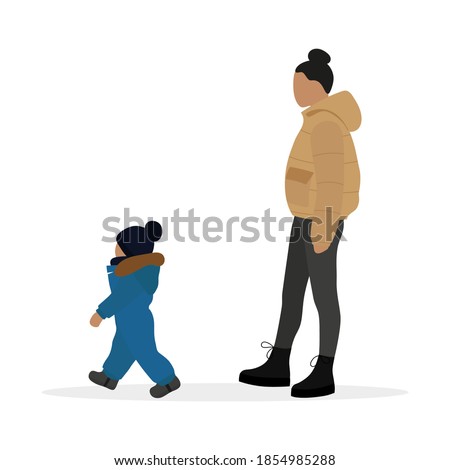 Female character in a jacket and a small child in a warm overalls are walking together on a white background