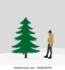 Female character in a jacket stands near a green Christmas tree in winter