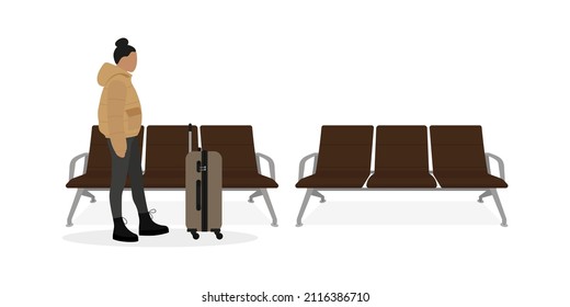 Female character in a jacket and with a suitcase on wheels stands near the seats on a white background