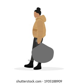 Female character in a jacket and with a trash bag in hand is walking on a white background
