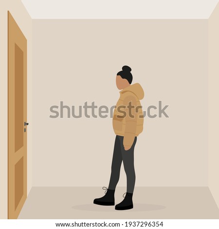 Female character in a jacket walks towards the door in an empty room