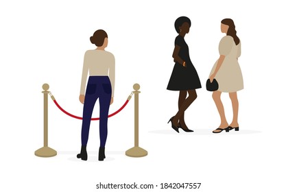 Female character in jeans stands behind fence posts and looks at female characters in elegant dresses