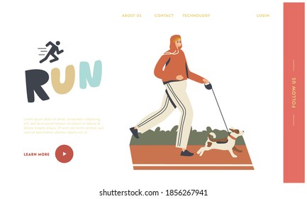 Female Character Jogging, Sport Lifestyle, Morning Exercising Landing Page Template. Happy Woman in Sports Wear Running with Dog on Stadium . Outdoor Sport Activity, Linear Vector Illustration