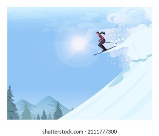 Personaje femenino saltando desde una colina sobre esquís. Mujer esquiadora deslizándose cuesta abajo. Actividad al aire libre en invierno, competición de esquí. Ilustración vectorial plana