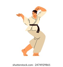 Un personaje femenino en un kimono con un cinturón negro es representado en una postura de karate. Ilustración vectorial de un karateka en movimiento. Personaje practica artes marciales, fondo aislado.