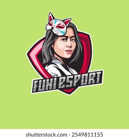 Personaje femenino con el logotipo de Esport de la máscara de Kitsune, Ilustración vectorial para el logotipo de Esport del escuadrón, jugador del equipo