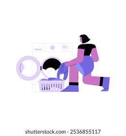 Female Character Kneeling And Loading Laundry Into Washing Machine In Flat Vector Illustration Symbolizing Laundry Service, Household Task, And Cleanliness, Isolated On White Background.