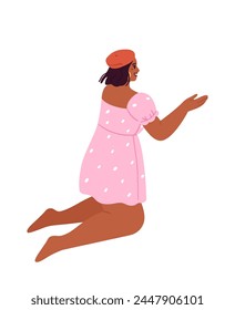 El personaje femenino está de rodillas y hablando. Ilustración plana de Vector.