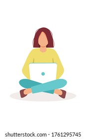 Female character with laptop sitting on a white isolated background. Teen girl works on the PC. Concept for work, freelance, education, training, work at home. Vector illustration. 