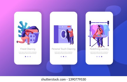Female Character in Laundry Concept. Washing Machine, Ironing, Laying Clean Linen to Basket. Launderette Mobile App Page Onboard Screen Set for Website or Web Page, Cartoon Flat Vector Illustration