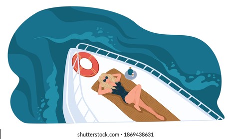 Female character laying on vessel, summertime leisure and vacation on yacht. Personage sunbathing by inflatable lifebuoy. Rich woman resting outdoors. Trip and traveling. Vector in flat style