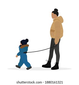 Female Character Leads A Child On A Special Baby Leash On A White Background