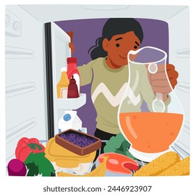 Female Character Leans Into An Open Fridge, Rummaging Through Shelves Crowded With Containers and Various Healthy Foods, Searching For Something Appetizing To Eat. Cartoon People Vector Illustration