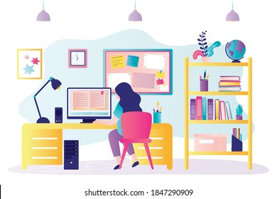 Female character learn online at home. Girl sits at table and studies. Workplace interior design. Open textbook on computer screen. Concept of homeschooling, distance learning.Flat vector illustration