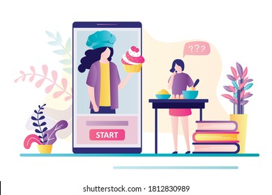 Female character learns to cook using online courses. Pastry chef with cupcake on smartphone screen. Woman bakes with tutorial video. Concept of baking online classes. Flat vector illustration