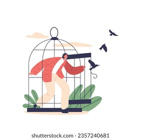 Female Character Leaving A Cell With Swallows. Liberated Woman Breaking Free From The Confines Of A Cage