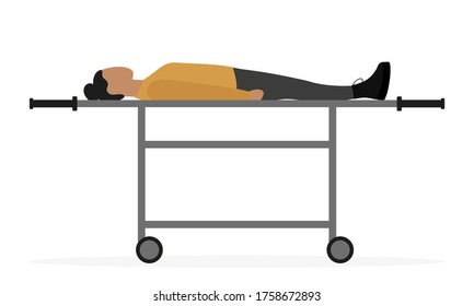 Female character lies on a medical wheeled stretcher