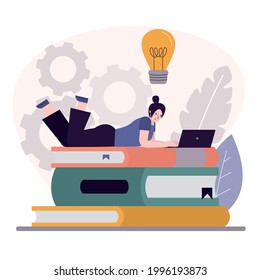 Female character lies on stack of textbooks. Woman studying online. Student studies remotely. Girl takes online courses and webinars. Concept of e-learning and internet education. Vector illustration